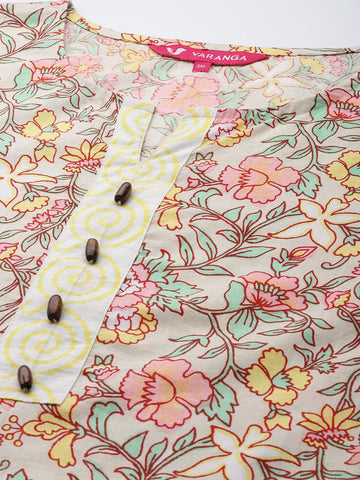 Varanga Women Plus Size Sea Green Floral Printed Beads & Stones Pure Cotton Kurta with Trousers